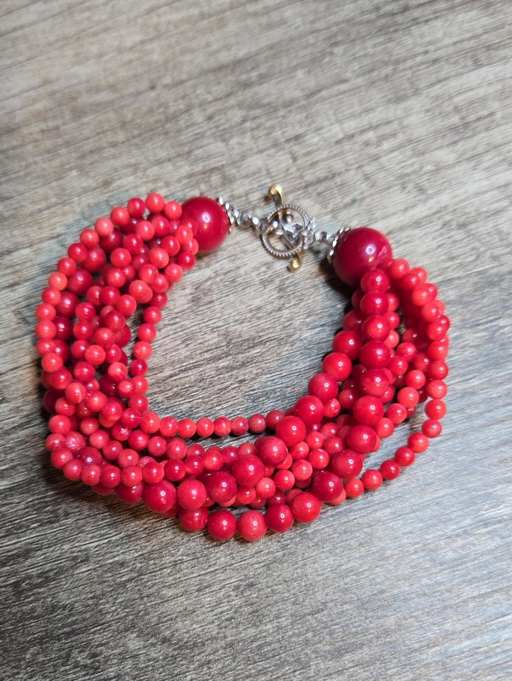 Gems en Vogue Sterling Silver 9-Strand Red Bamboo Coral Toggle Bracelet 7"